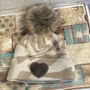 Beige and Brown Pom Pom Beanie